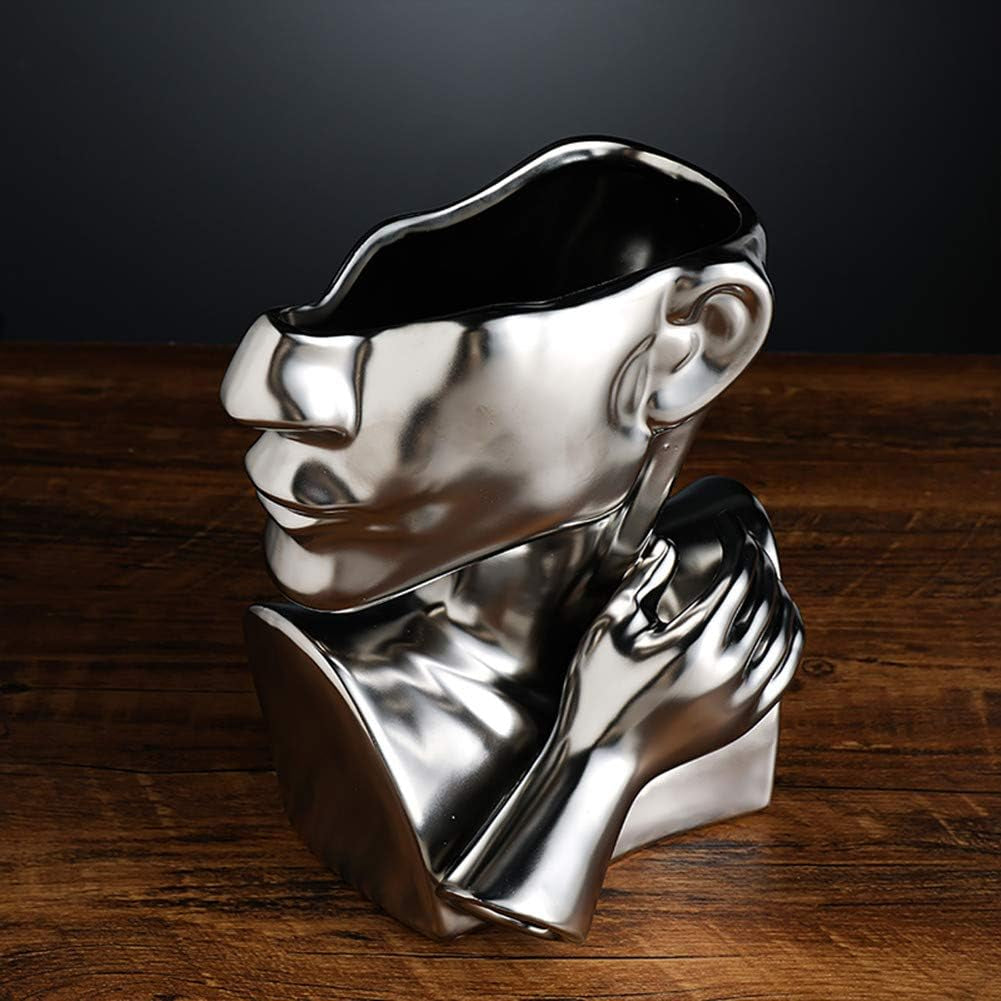 Silver Ceramic Vase Decoration Human Face Abstract Sculpture Modern Vase Ideal Gift Vase Suitable for Friends Family Family Wedding Table Vase Home Decoration Flower Pot(A1498 Silver)