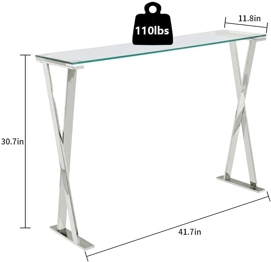 Modern Console Table Entryway Table with Tempered Glass Top, X-Shaped Stainless Steel Legs, Narrow Console Sofa Table for Entryway,Living Room,Hallway 41.7 X 11.8 X 30.7Inch (Wxdxh)