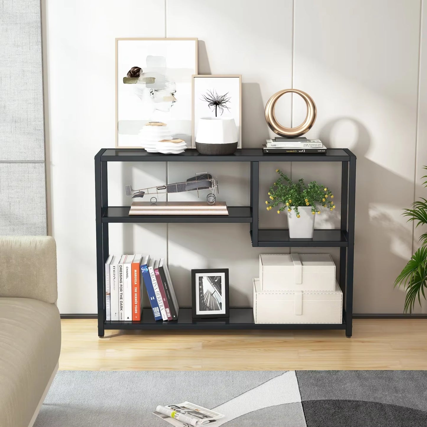 Console Table, Small Black Entryway Table with Storage Shelves, 43 Inch Vintage Entrance Table behind Couch Table