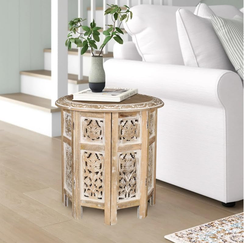 Lightnpro Hand Crafted Solid Wood Accent Table, Small Side Table, Living ROM Table, Entryway Table, Wooden End Table, Octagonal Wooden Table - 18 Inch round Top X 18 Inch High - White Wash