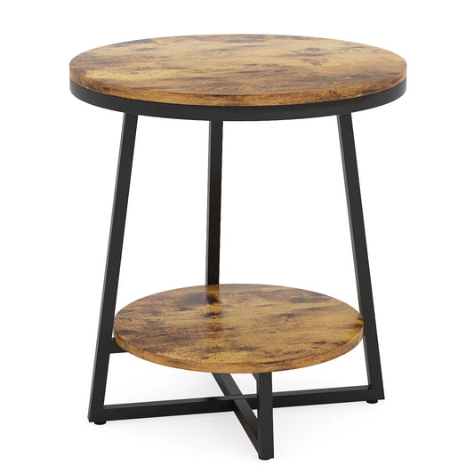 End Table, 2 Tier round Side Table with Storage Shelf, Industrial Nightstand Bedside Table Coffee Accent Table