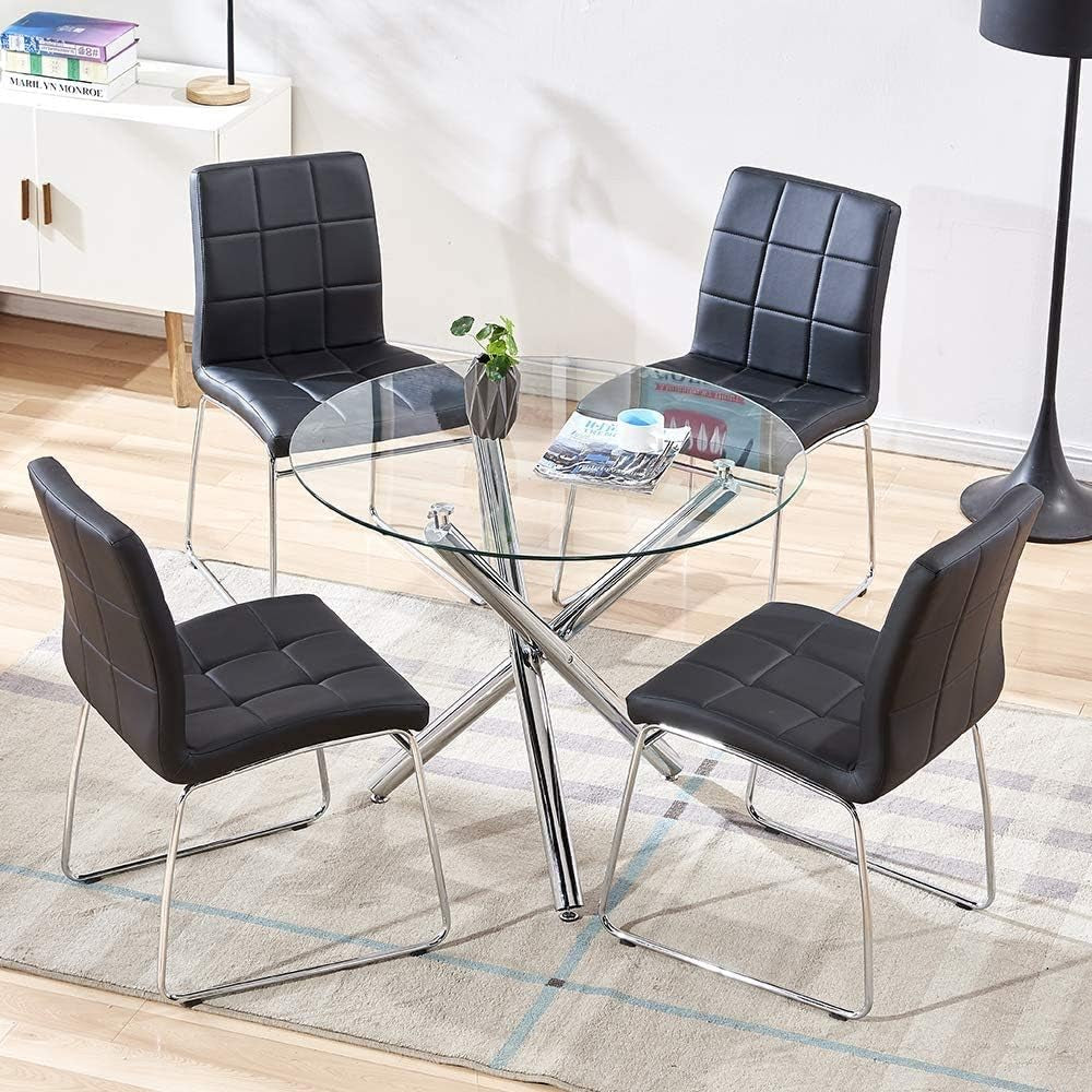 Glass Dining Table, Glass round Dining Table Kitchen Table with Clear Tempered Glass Top, Modern Dining Table End Table Leisure Tea Coffee Table (Table)