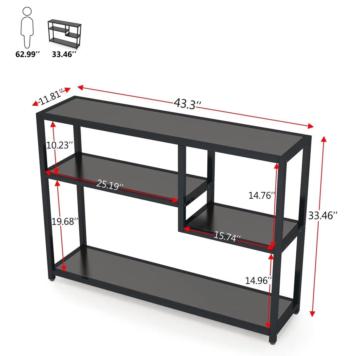 Console Table, Small Black Entryway Table with Storage Shelves, 43 Inch Vintage Entrance Table behind Couch Table