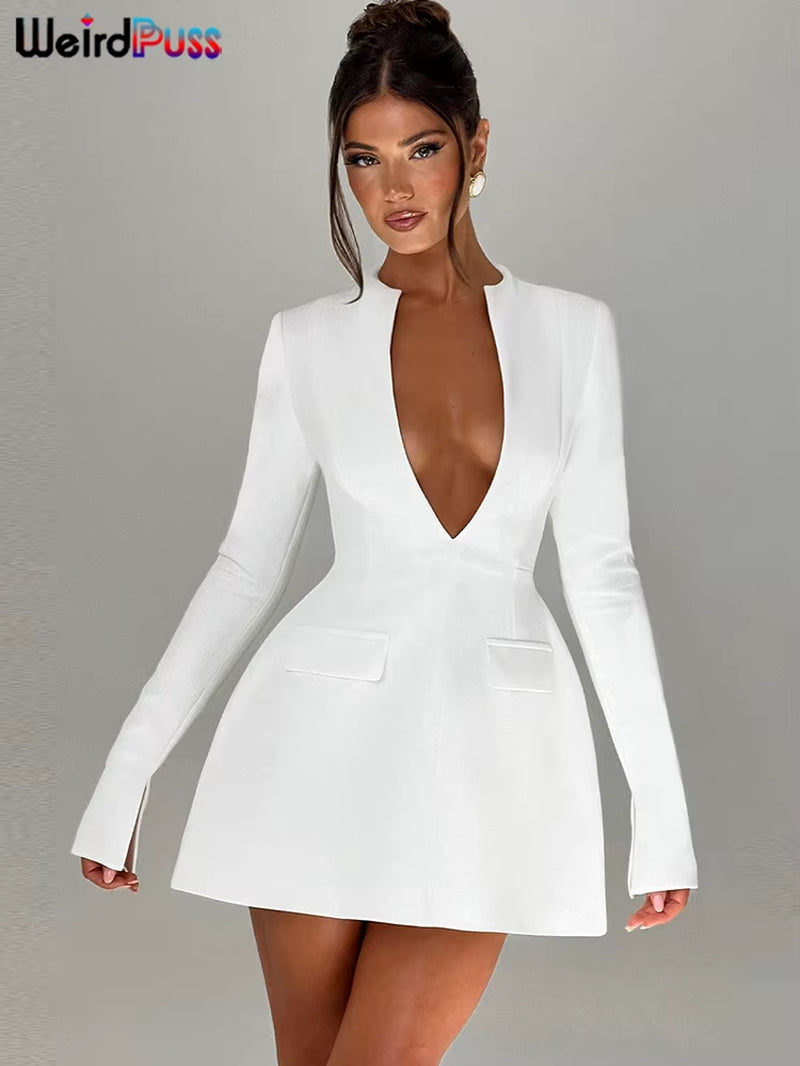 Deep V-Neck Long Sleeve Sexy High Waist Dress