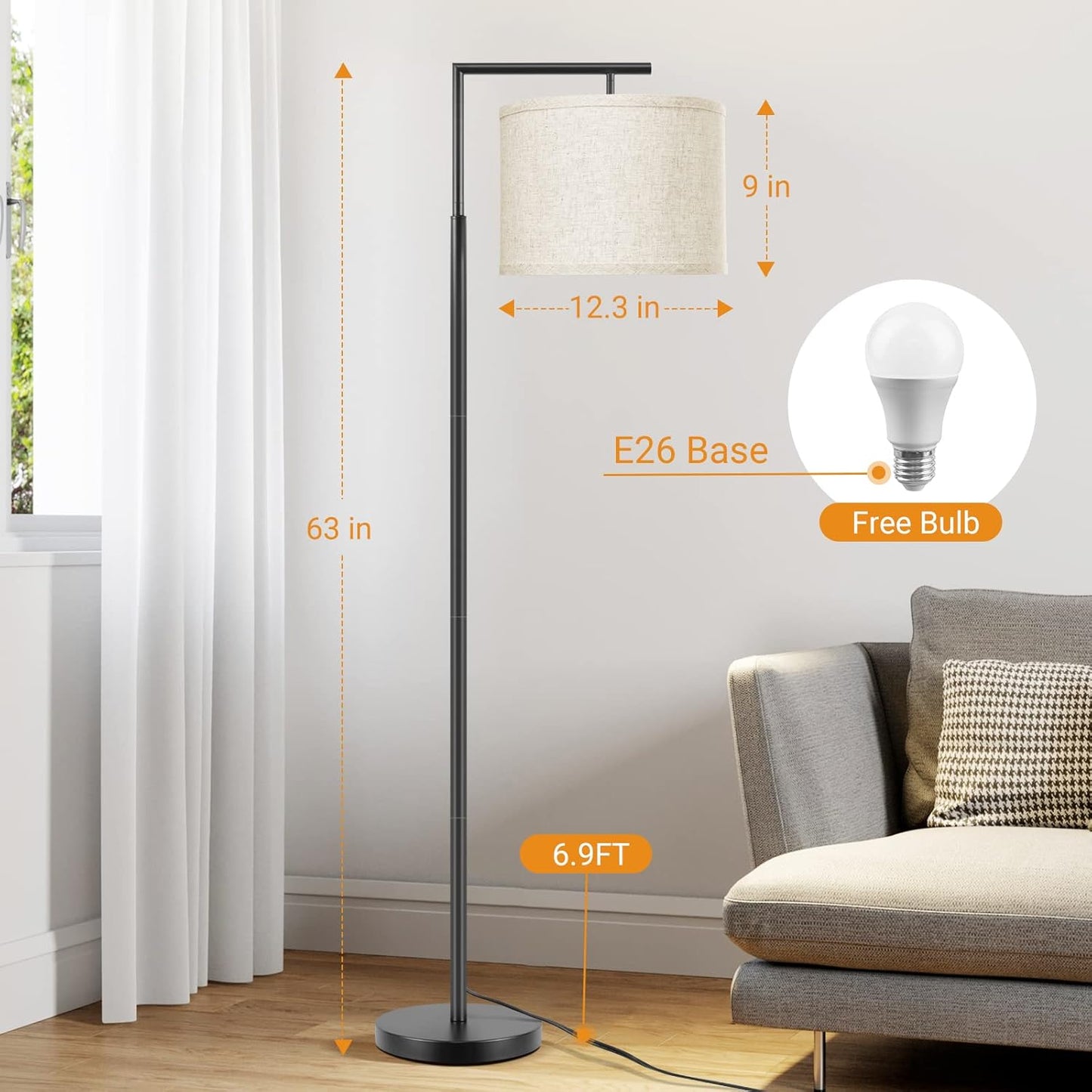 Floor Lamp for Living Room with 3-Color Temperature 9W LED Bulb, Modern Standing Lamp with Linen Beige Shade & Foot Switch, Tall Pole Lamp for Bedroom, Study Room, Office, Kids Room (Black)