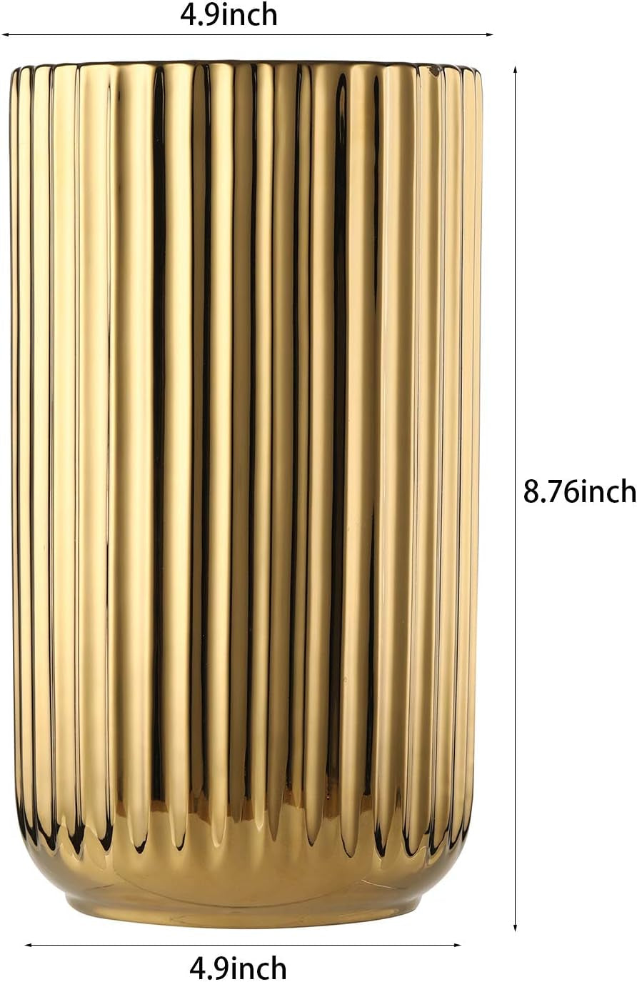 Ceramic Innovative Pattern Vase, Gold Plated, 8.76In H, 4.9In W, Geometric Cylindrical Shape, Easy to Fill and Balance