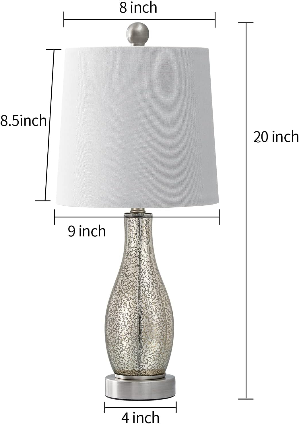 Modern Table Lamps Set of 2 for Living Room 20" Nightstand Lamp with Fabric Shade Glass Bedside Desk Lamp for Bedroom Kid'S Room Girls Room Office Glass Silver