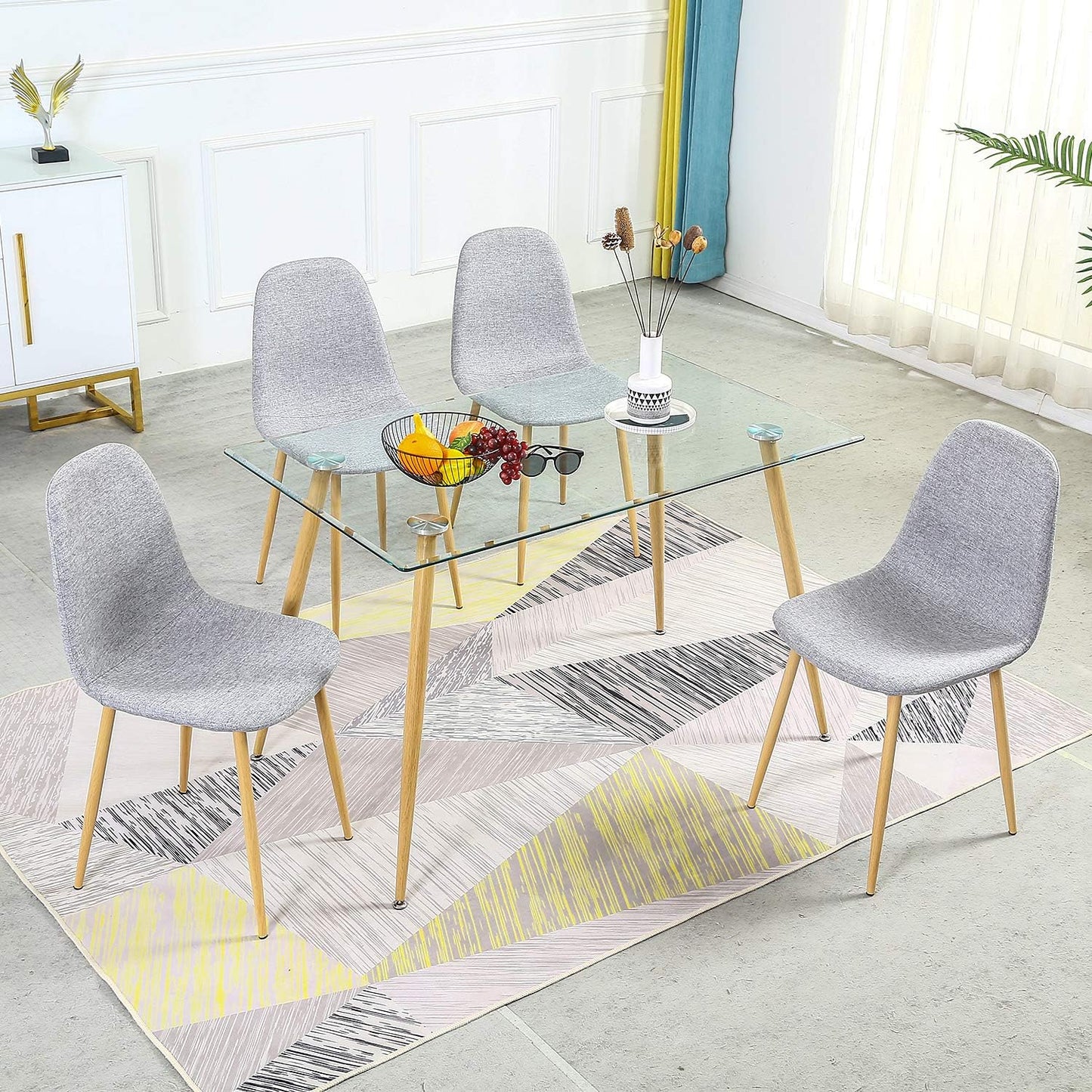 Rectangular Glass Dining Table - Tempered Glass Kitchen Table - Small Modern Glass Dining Room Table for 4 with Wood Printed Transfer Metal Legs, Coffee Table for Living Room 47.2*27.6*29.5"