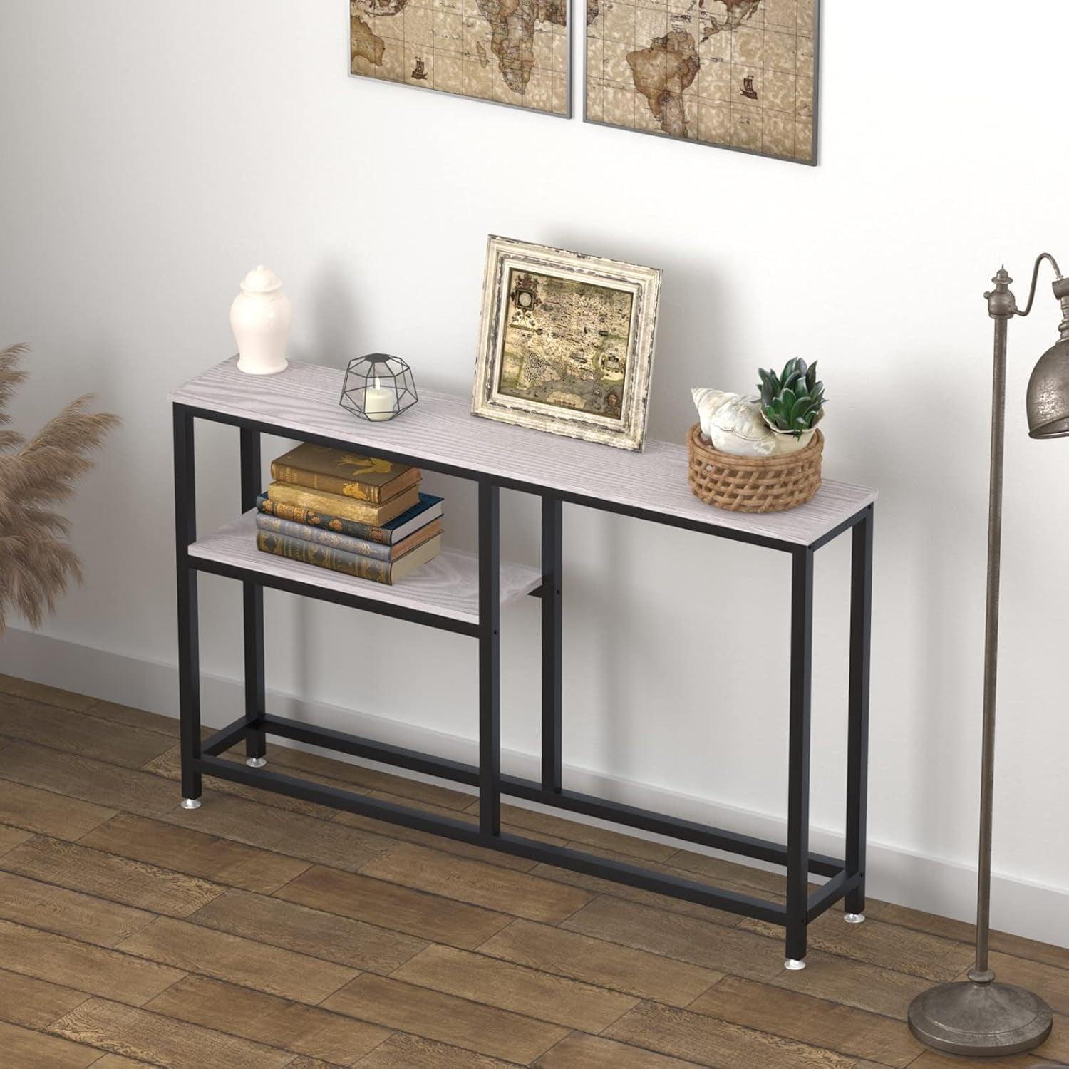 2-Tier Slim Console Table for Entryway with Open Storage Shelf, Narrow Sofa Table behind Couch Table for Living Room, Corridor, Hallway, Grey