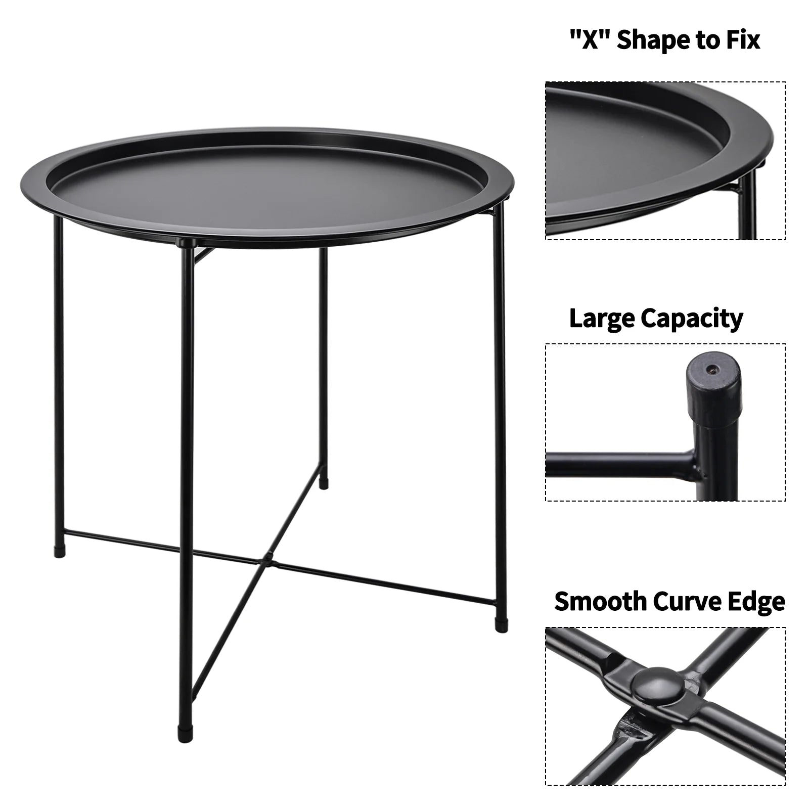 round End Table, Accent Coffee Side Table, Foldable Outdoor Small Side Table,Sofa Side Table Bedside Table for Living Room Bedroom, Black