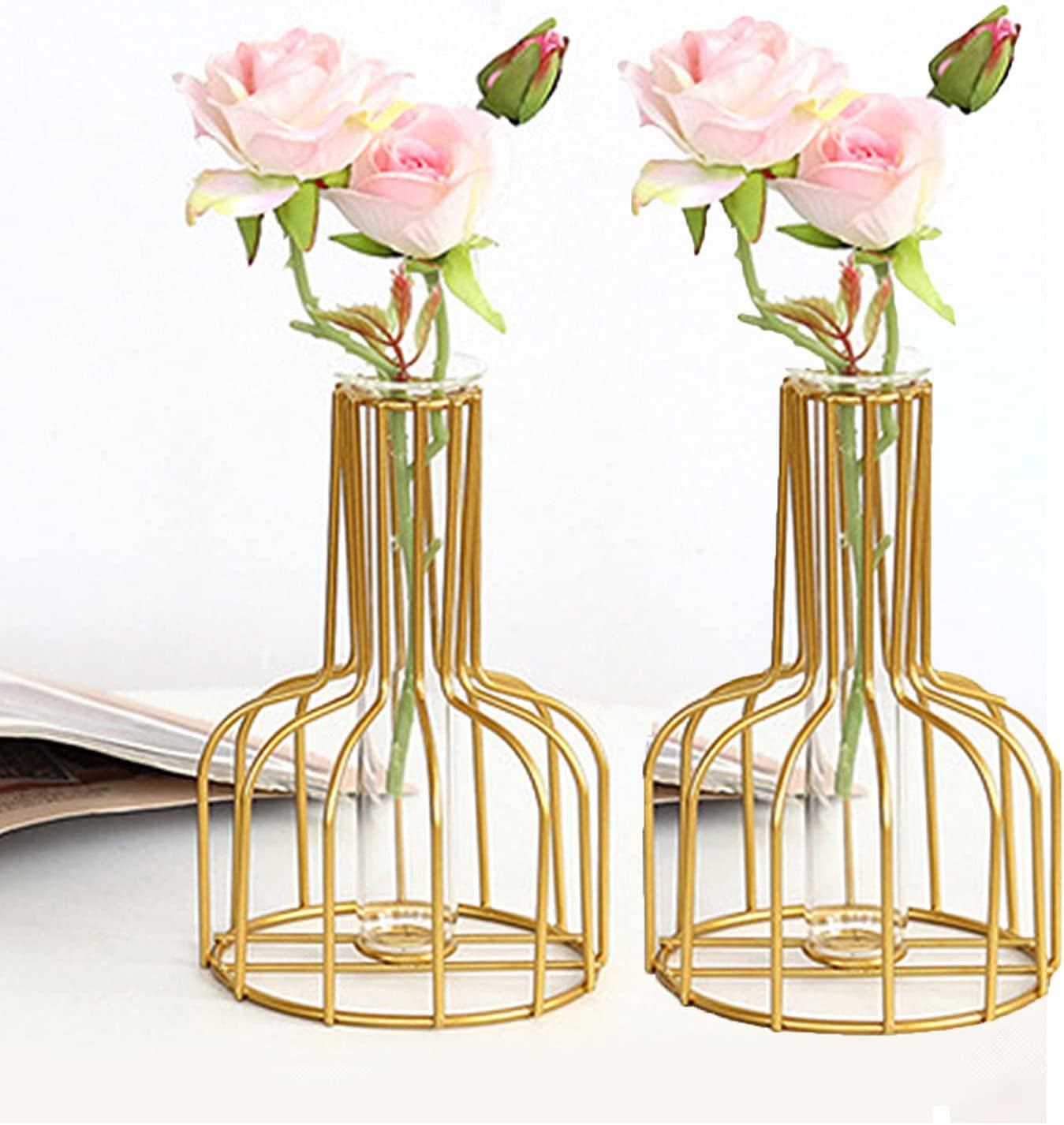 Flower Vases with Iron Art Frame, Metal Flower Vase, Test Tube Vase, Iron Art Flower Vase, Clear Vase Decorative for Living Room Wedding Holiday Party