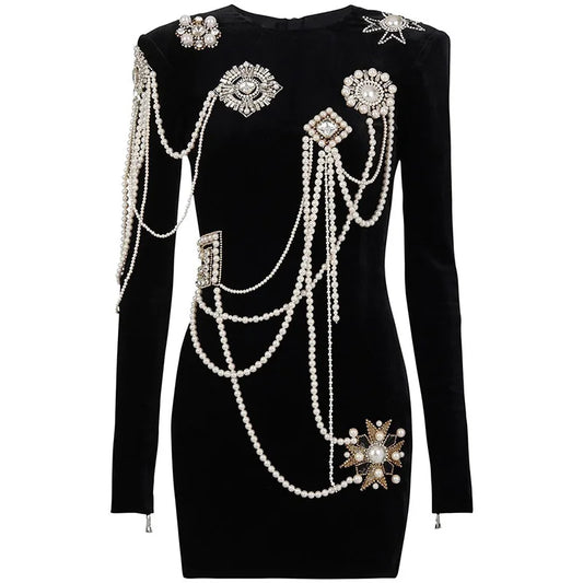  Velvet Chain Pearls Dress 